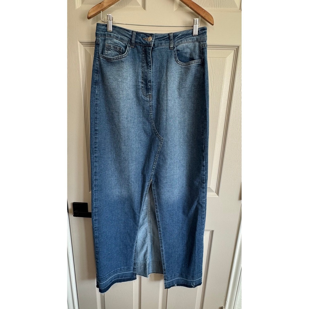 Boohoo Maxi Skirt Sz 10 Blue Denim Front Slit High Waisted Raw Hem Jean Skirt